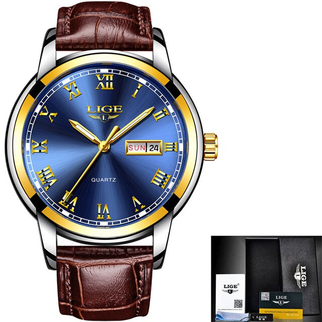 LIGE Men's Gold Waterproof Stainless Steel Watch