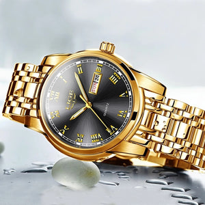 LIGE Men's Gold Waterproof Stainless Steel Watch