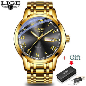 LIGE Men's Gold Waterproof Stainless Steel Watch