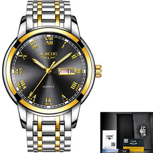 LIGE Men's Gold Waterproof Stainless Steel Watch