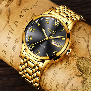 LIGE Men's Gold Waterproof Stainless Steel Watch