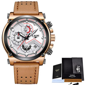 LIGE Men's Sport Watch Genuine Leather Band