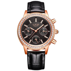 LIGE Brand  Casual Women's Quartz Watch Leather Band