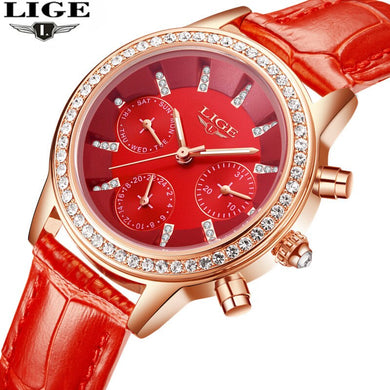 LIGE Brand  Casual Women's Quartz Watch Leather Band