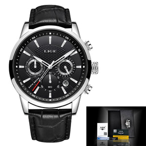 LIGE Men's Leather Quartz Watch